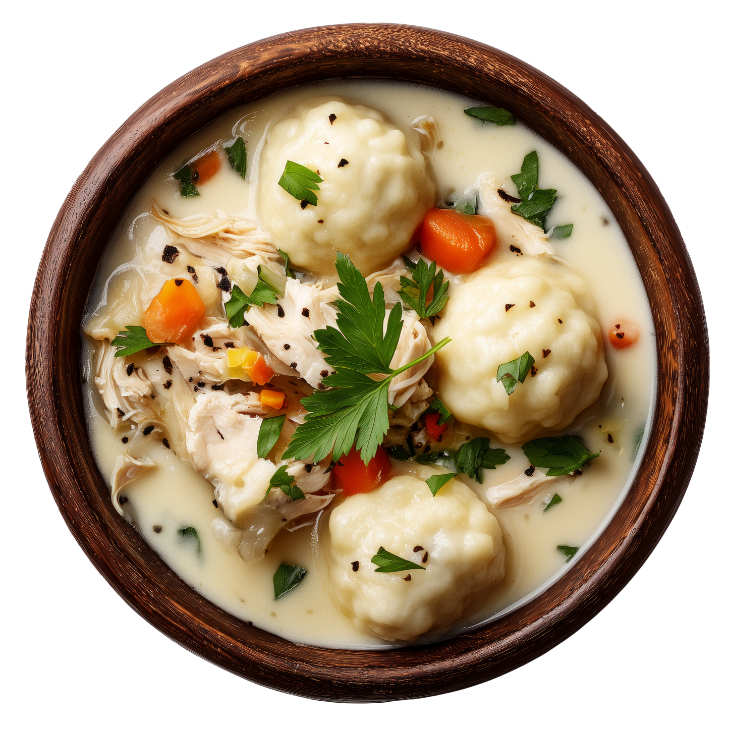 Bowl of chicken and dumplings with vegetables on a white background