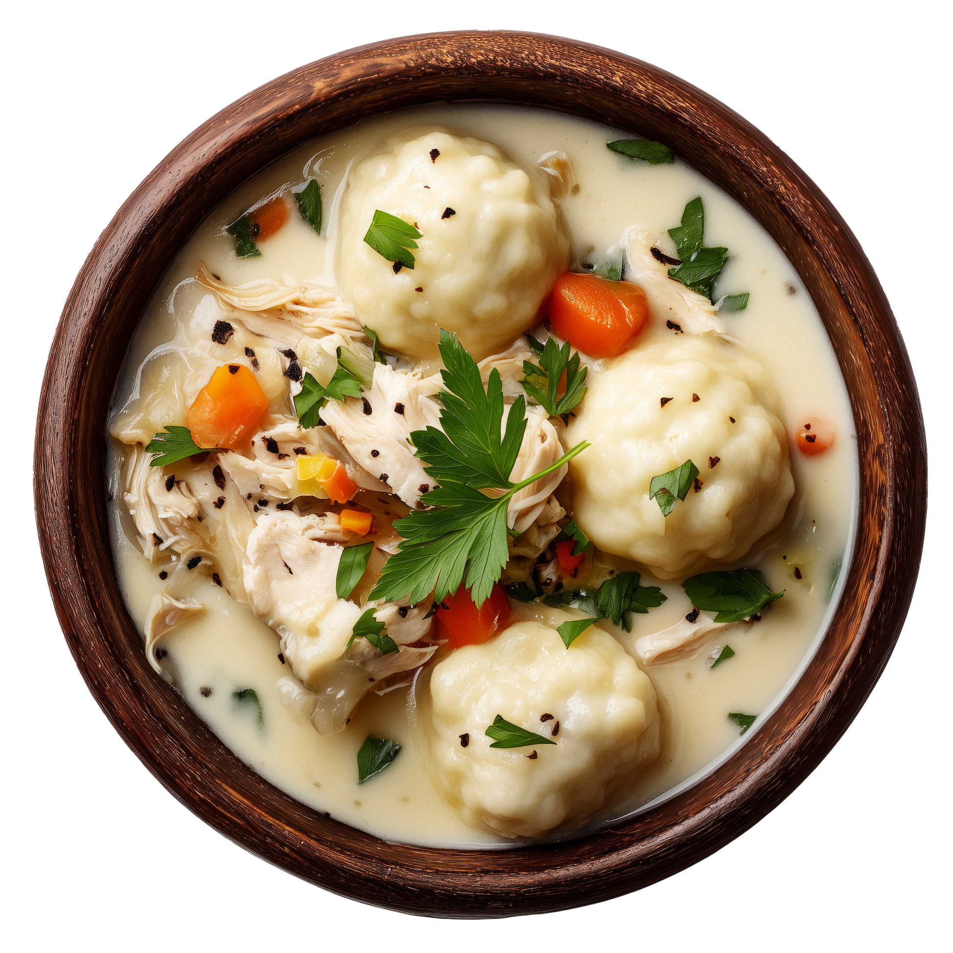 Bowl of chicken and dumplings with vegetables on a white background