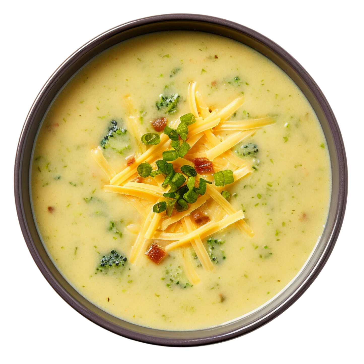 Bowl of broccoli cheese soup with green onions and cheddar cheese on a white background