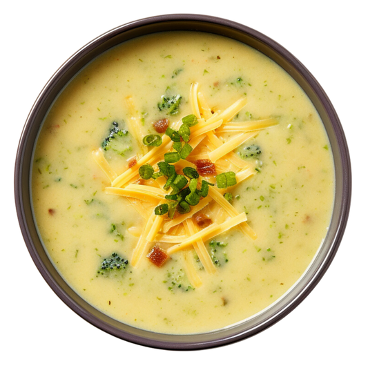 Bowl of broccoli cheese soup with green onions and cheddar cheese on a white background
