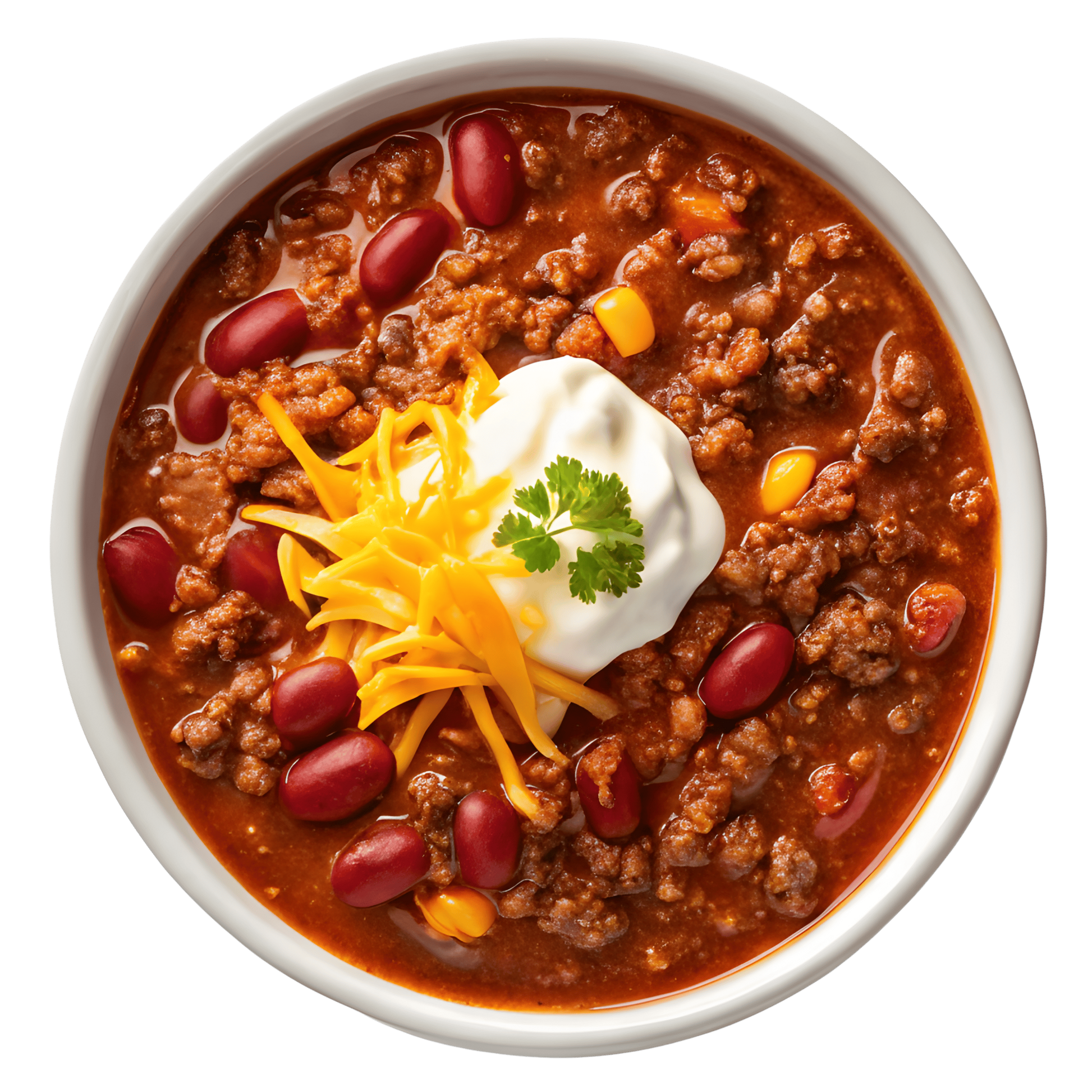 Bowl of chili with beans, cheese, and sour cream on a white background