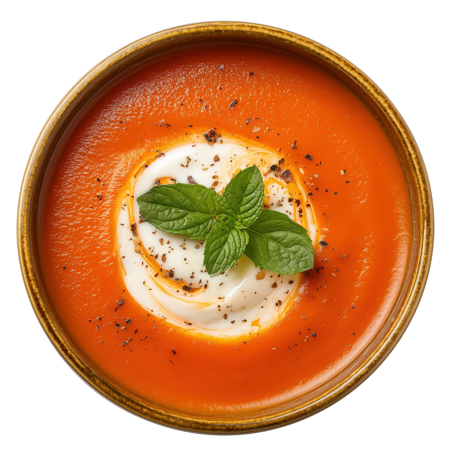 Tomato soup with cream and basil leaves in a brown bowl 