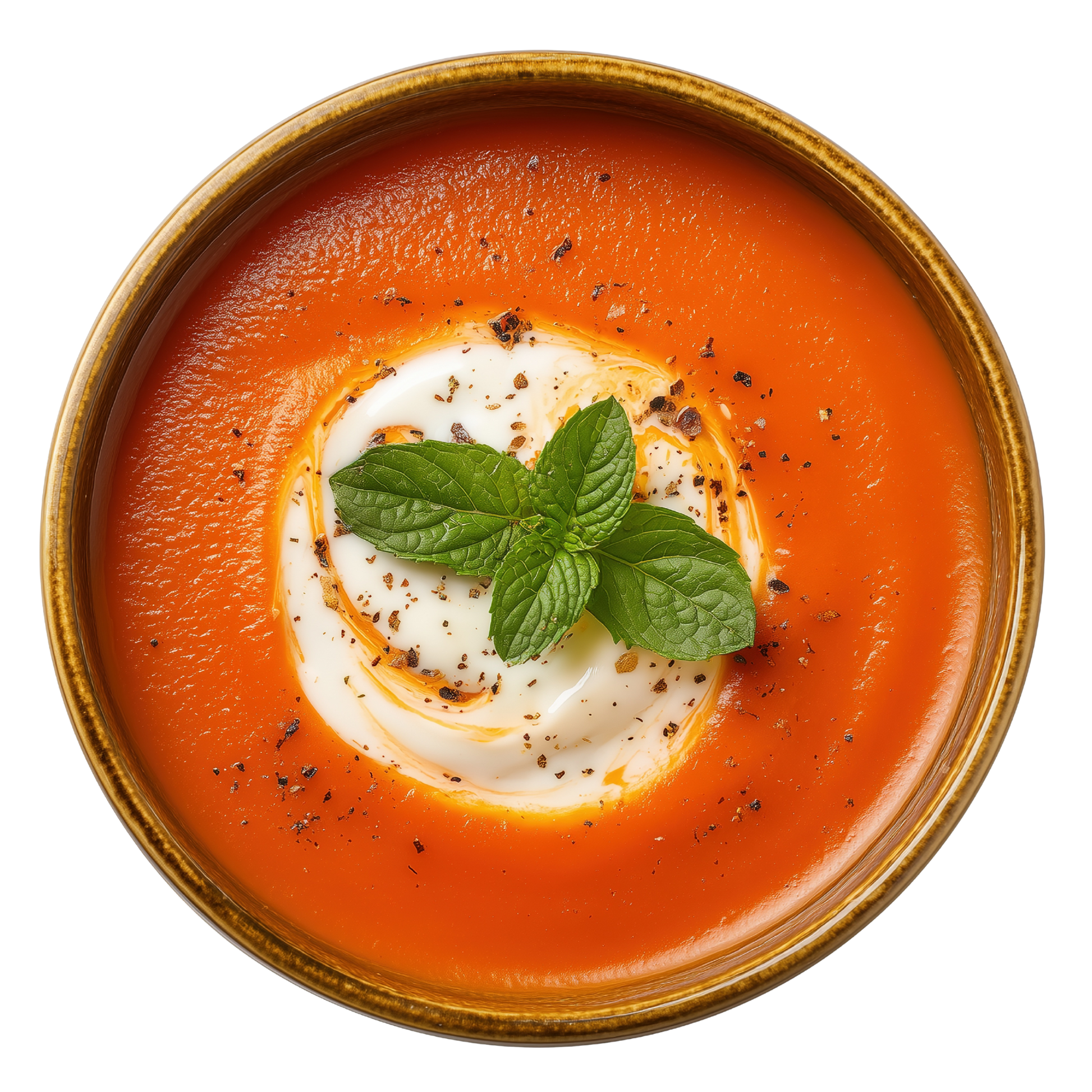 Tomato soup with cream and basil leaves in a brown bowl 