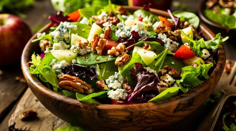 Fresh salad with mixed greens, blue cheese, walnuts, pecans, and apple slices in a wooden bowl.