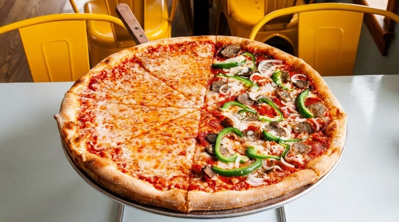 Half cheese, half sausage, green pepper, and onion pizza on a metal stand.